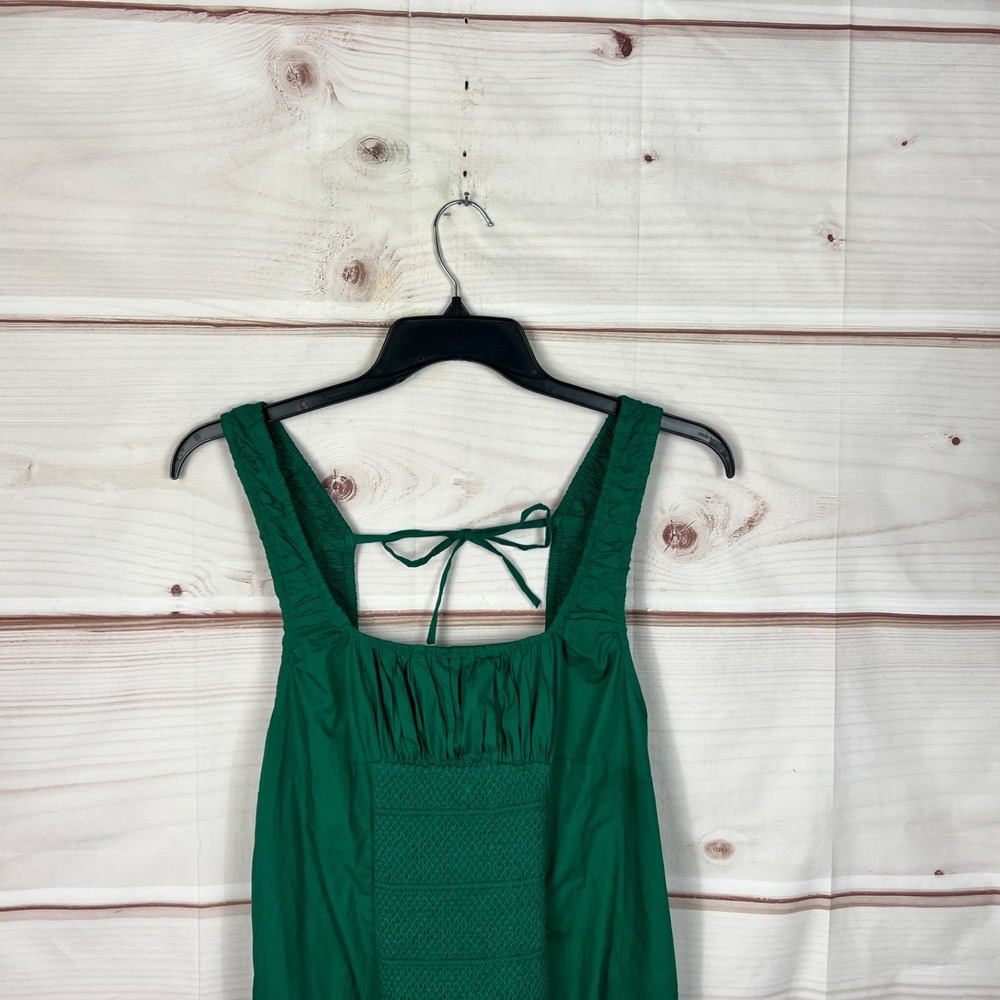 Celandine Dress Womens XS Green Cotton Poplin Midi Pockets Smocked Scoop Back - Picture 2 of 10